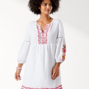 St. Lucia Linen-Blend Tropical Embroidered Split-Neck Dress
